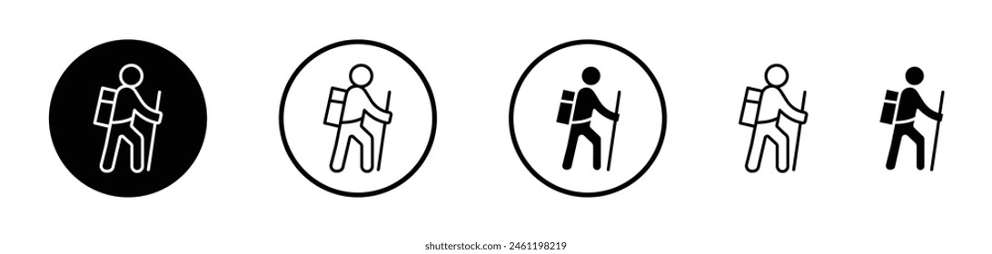 Hiking Adventure Icons. Trekker and Mountain Walk Vector Symbols.
