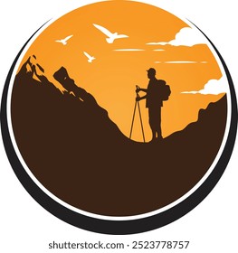 Hiking adventure logo design with vector mountain and sun icons