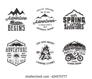 Hiking adventure and outdoor explorer typography labels set. Outdoors activity inspirational quotes. Silhouette hipster logos. Best for t shirts, mugs. Vector patches isolated on white background.