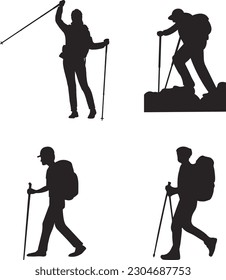 Hiking adventure silhouette set. Hiking silhouettes with various variations.