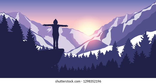 hiking adventure in snowy mountain girl on a cliff in at sunrise vector illustration EPS10