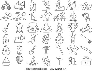 Hiking, Adventure, Travel, Trekking, Outdoor Camping vector icon set for logo and t-shirt. Thin Line Editable stroke.