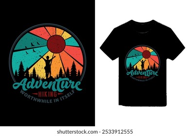 Hiking Adventure T-shirt Design. This design features a hiker standing on a mountain peak against a vibrant sunset. The bold typography and retro color palette capture the spirit of adventure.