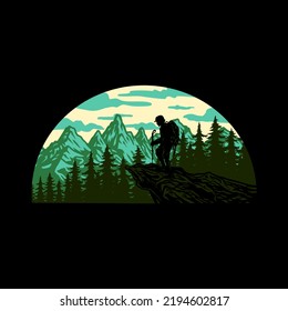 Hiking Adventure t-shirt graphic design, hand drawn line with digital color, vector illustration