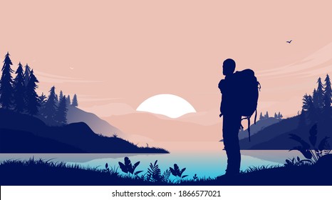 Hiking Alone - Man With Backpack Standing In Nature Looking At Landscape With Copy Space For Text. Solitude In Nature Concept. Vector Illustration.