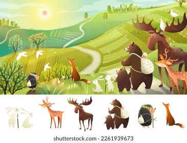 Hiking animals adventures and road trip in country landscape. Bear, moose backpack hiking tale in wild nature scenery. Animals in nature wallpaper. Hand drawn vector illustration in watercolor style.