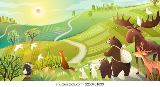 Hiking animals backpack and travel adventures. Bear, moose backpack hiking tale in wild nature scenery. Animals in countryside panoramic landscape. Hand drawn vector illustration in watercolor style.