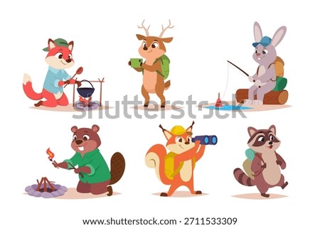 Hiking animals. Forest adventure time of wild cartoon animals exact vector outdoor exploration characters with backpack