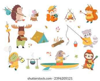 Hiking animals. Wild forest animal go to adventures on nature with backpacks. Walking and kayaking, fishing and sitting of camp fire, nowaday vector characters