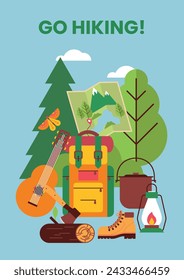 Hiking background with composition of backpack, guitar, boot, pot, lamp, map, bowler, axe, log, trees. Camping accessories composition with slogan go hiking. Poster, banner, flyer. Flat illustration
