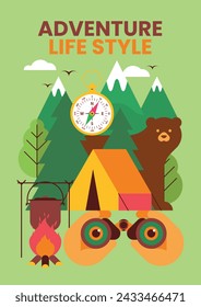 Fondo de senderismo con tienda, fuego, olla, brújula, binoculares en las manos, oso, bosque y montañas. Turismo y aventura en la naturaleza salvaje. Ecoturismo senderista. Cartel, pancarta, volante. Ilustración plana