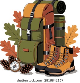 Hiking backpack boots compass and pine cones with autumn leaves