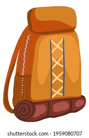 Hiking backpack, camping equipment, outdoor adventure, expedition. Hand drawn vector doodle illustration. Colorful cartoon clipart isolated on white. Element for design, print, decor, card, sticker.