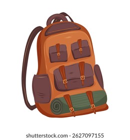 Hiking backpack for camping and picnics. Summer outdoor recreation in forest and mountains. Isolated vector illustration on white background