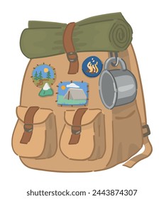 Mochila de senderismo. Journey atributo, garabato de aventura al aire libre aislado en blanco. Ilustración vectorial de dibujos animados.