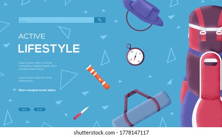Hiking backpack concept flyer, web banner, ui header, enter site. Thin line icon style concept design. Grain texture and noise effect. 