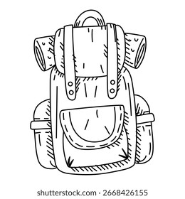 Hiking backpack doodle, hand-drawn. Filled closed back bag. Many pockets, storage. Graphics, engraving, shading. Black ink drawing, marker, liner for designing postcards. Picnic, tourism, hiking