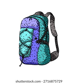 Wanderrucksack in Tee- und Lilafarben mit unterschiedlichen Trägern und einem Bungee-Cordsystem, das Reisen, Trekking und Erkundung im Freien symbolisiert