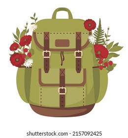 Mochila de senderismo con flores y fresas silvestres en los bolsillos. Vector clipart.