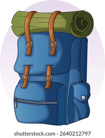 Hiking Backpack with Gear Strapped with Leather Belts. Pop Art Style Camping Rucksack Vector Illustration