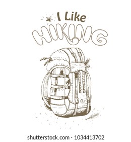 Hiking backpack and hand lettering, vector illustration.