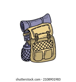 Hiking backpack hand-drawn in doodle style. Bottle and walkie-talkie. Icon with a doodle backpack. Isolated element on white background.