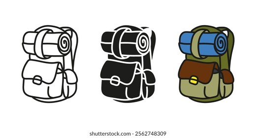 Hiking backpack icon. Camping backpack vector illustration. Adventure symbol. Touristic bag with mat roll and pockets pictogram. Rucksack for hike expedition. Schoolbag colored concept. Knapsack glyph