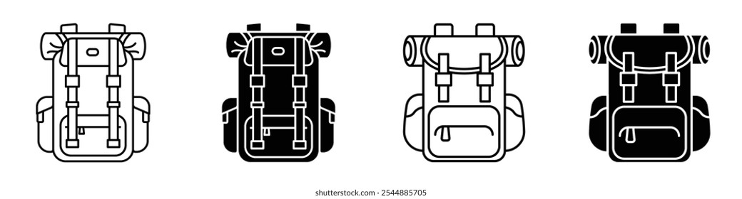 Wanderrucksack-Icon-Kollektion in schwarz-weiß gefüllt und massiv Vektorformat.