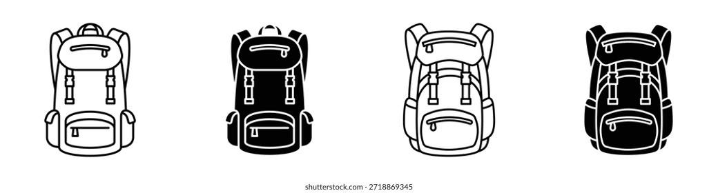 Icono de mochila de senderismo en paquete de estilo lineal y Clipart sobre fondo blanco.
