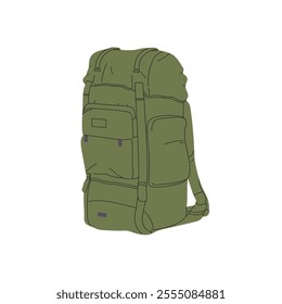 Hiking backpack icon. Tent knapsack with kit for journey. Trekking rucksack with supplies for travel. Military bag, luggage for expedition, trip. Flat isolated vector illustration on white background