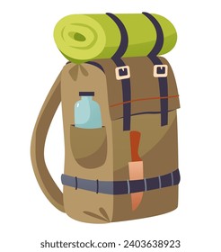 Hiking Backpack isolated on white background. Travel backpack with things for travel. Cartoon vector illustration