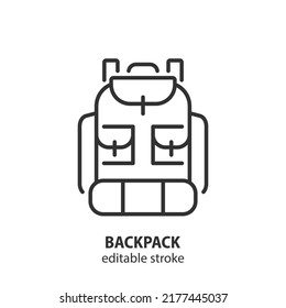 Hiking backpack line icon. Camping rucksack vector sign. Editable stroke.