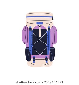 Hiking backpack for outdoor adventure. Camping and trekking bag, travel rucksack. Packed survival luggage, baggage, touristic equipment. Flat vector illustration isolated on white background