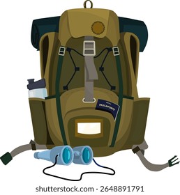 hiking backpack with passport, binoculars and canteen. Ideal for themes like adventure, tourism, hiking trips, and backpacking journeys