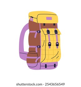 Mochila de senderismo con bolsillo. Mochila, bolsa de camping, equipo de viaje esencial para aventuras al aire libre. Equipaje Grande, equipo de equipaje embalado. Ilustración vectorial plana aislada sobre fondo blanco