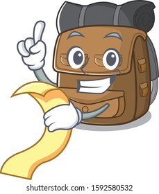 Hiking backpack Scroll cartoon character holding menu ready to serve