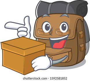 Hiking backpack Scroll cartoon character bringing a box