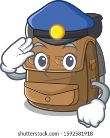 Hiking backpack Scroll Cartoon mascot style as a Police officer