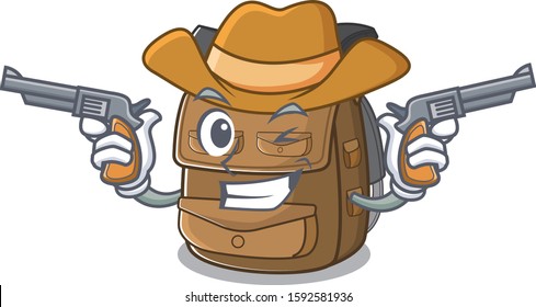 Hiking backpack Scroll mascot performed as a Cowboy with guns