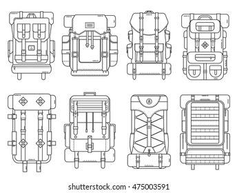 Hiking backpack set in thin line design. Tourist retro backpacks outline vector illustration. Classic styled camping backpacks with sleeping bags. Different back pack collection.