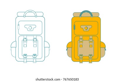 Hiking backpack set in thin line design. Tourist retro backpacks outline vector illustration. Colorful camping backpack set in flat design.