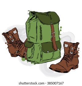 Hiking backpack and shoes in a vector. Travels.
