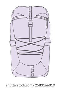 Hiking backpack technical flat sketch vector mockup illustration.