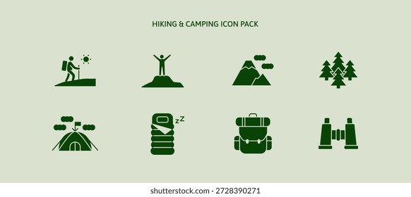 Trilha mochila caminhando, escalando ícone de montanha conjunto com equipamento de acampamento binóculos, tenda, saco de dormir. Viagem de recreação, atividades ao ar livre em floresta selvagem. Ícones de glifo itinerante de aventura