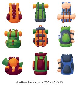 Hiking backpack. Travel bags, camping tourism backpacks or knapsack with mat roll, snack, water bottle. Touristic adventures accessories, nowaday vector clipart
