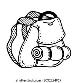 Hiking backpack vector icon. Hand drawn doodle isolated on white background. Stuffed travel bag. Sketch of a backpack with straps. Knapsack with tent and handle. Monochrome illustration. Line art.