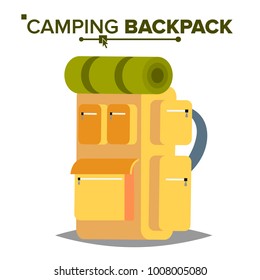 Hiking Backpack Vector. Tourist Hiking  Back Pack With Sleeping Bag. Camping And Mountain Exploring. Isolated Flat Illustration