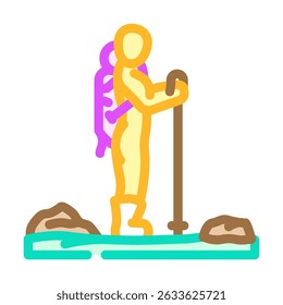 hiking backpack and walking stick color icon vector. hiking backpack and walking stick sign. isolated symbol illustration