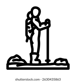 hiking backpack and walking stick line icon vector. hiking backpack and walking stick sign. isolated contour symbol black illustration
