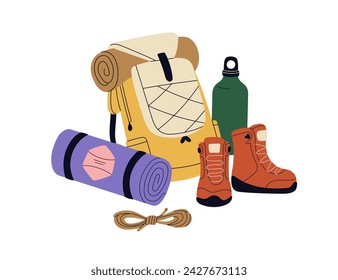 Hiking backpack, water bottle, equipment. Camping rucksack, travel luggage, accessories. Tourists pack, trekking boots, sleeping mat. Flat graphic vector illustration isolated on white background